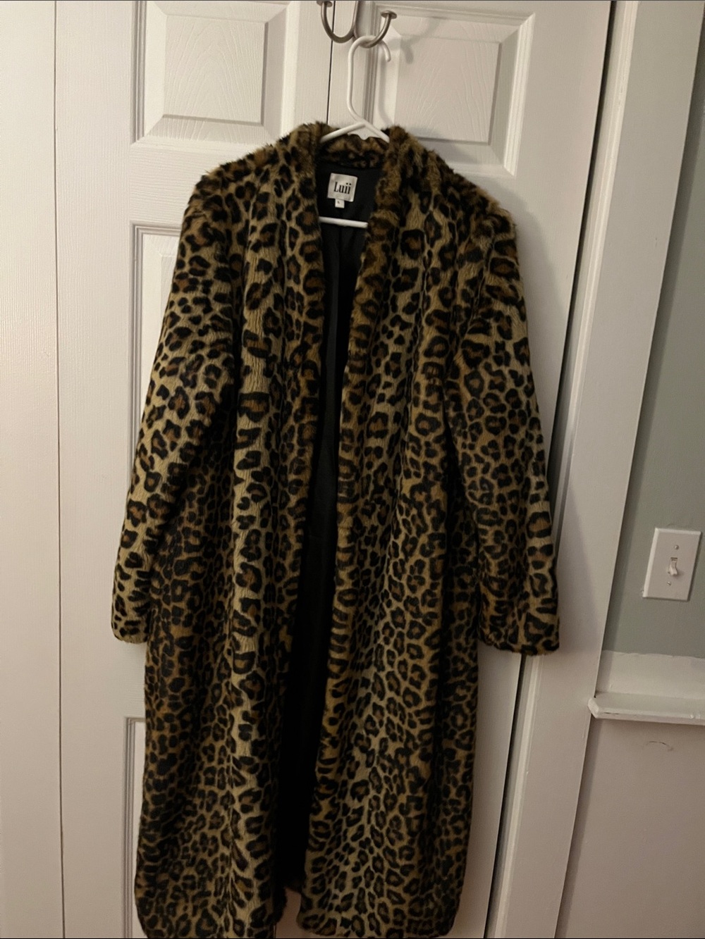 Luii Leopard-Print Faux Fur Long Coat in Brown and Black